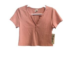 No Boundaries Juniors Top Medium Pink Button Henley Pullover Crop Shirt Womens